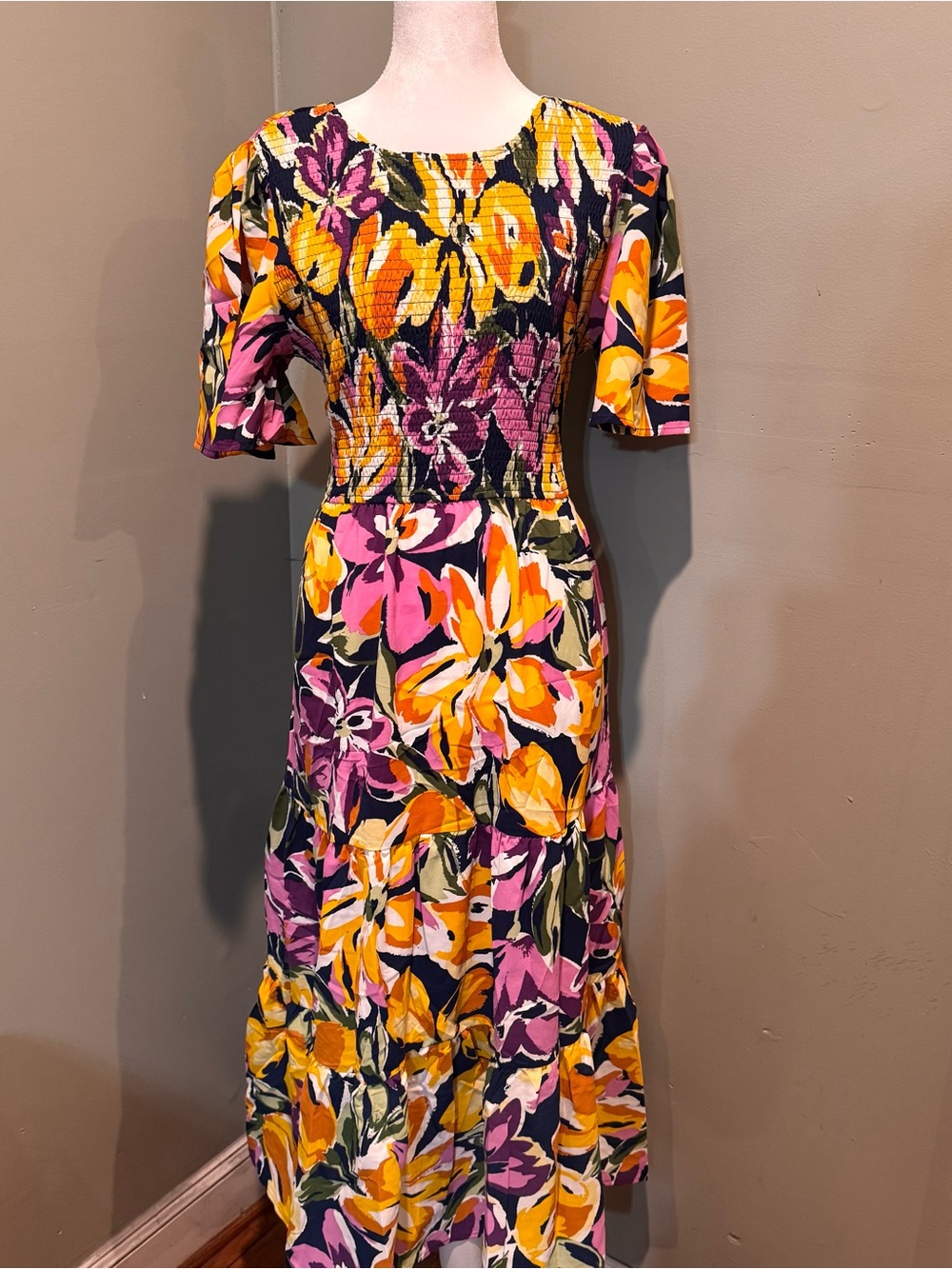 Floral Smocked Maxi Dress in Yellow & Pink / floral summer dress